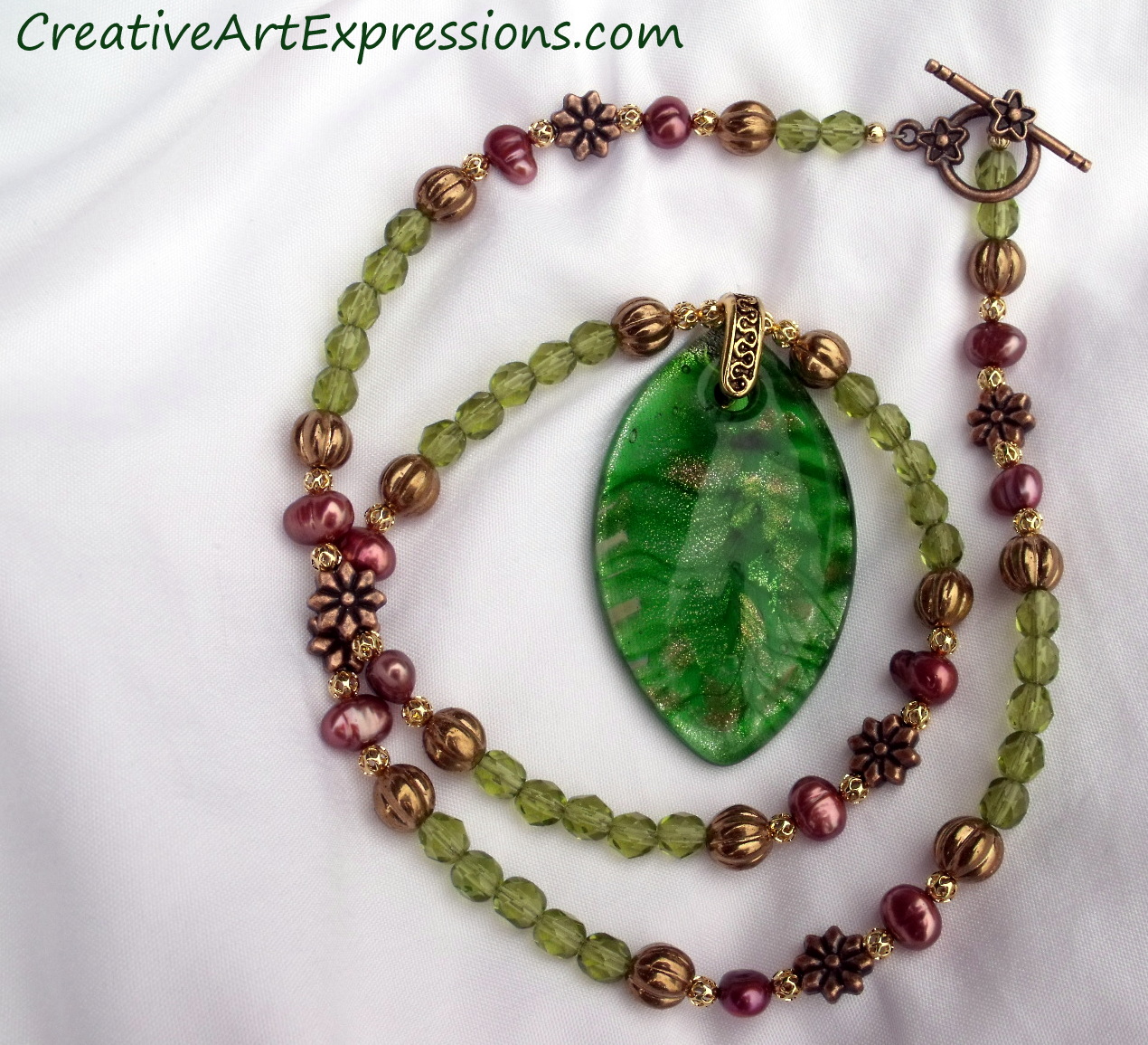 Creative Art Expressions Handmade Green Leaf Necklace Jewelry Design 
